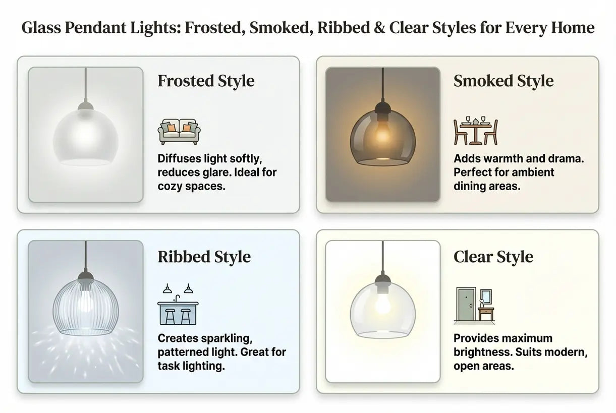 Glass Pendant Lights: Frosted, Smoked, Ribbed & Clear Styles for Every Home - infographic