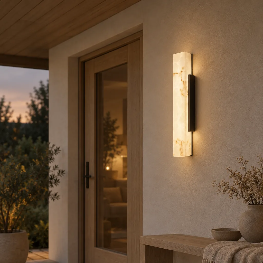 Uteld Outdoor LED Wall Light with Marble Effect, styled in a Scandinavian interior