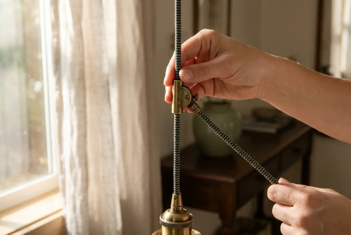 Handen stellen de hoogte van een hanglamp in de hal in via het snoermechanisme, installatie van entreeverlichting