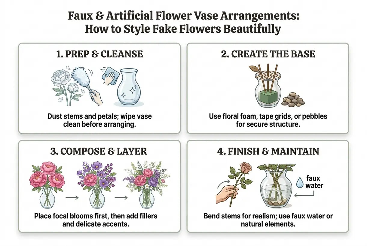 Arrangements mit Kunstblumen in Vasen: so setzt du künstliche Blumen schön in Szene - Infografik