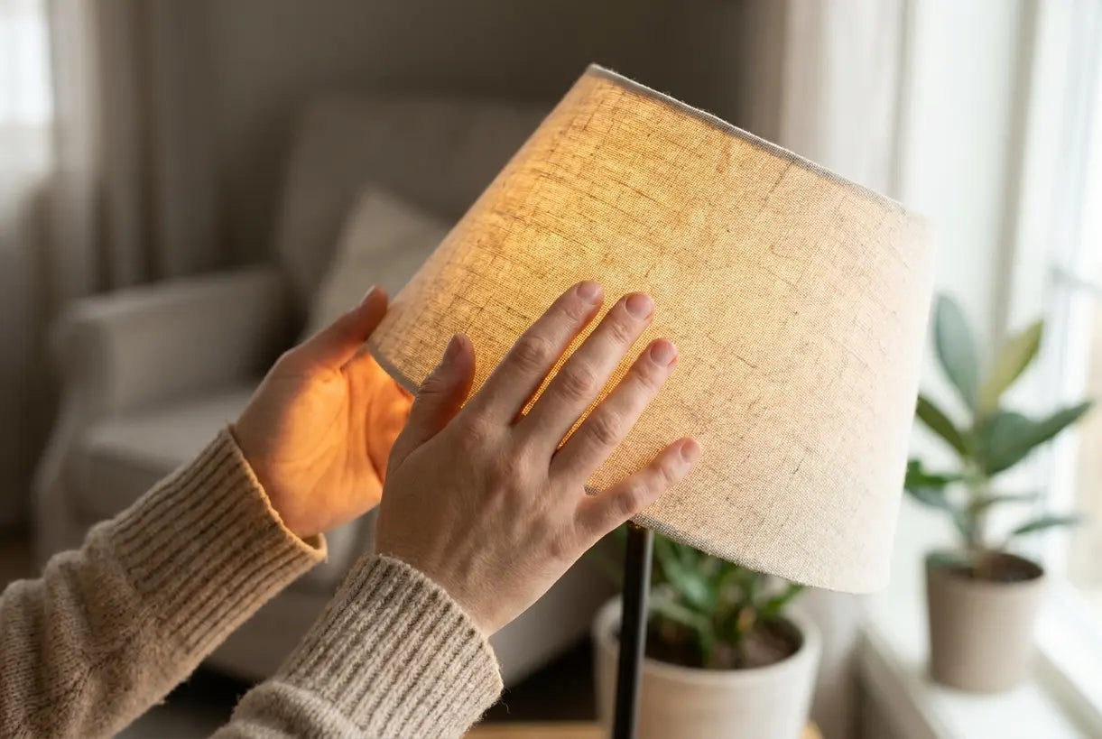 Hands adjusting warm fabric lamp shade in cozy living room ambient lighting setup