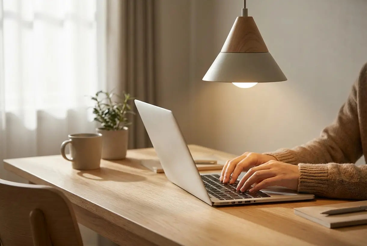 Handen werken aan bureau onder hanglamp voor thuiskantoor werkplek