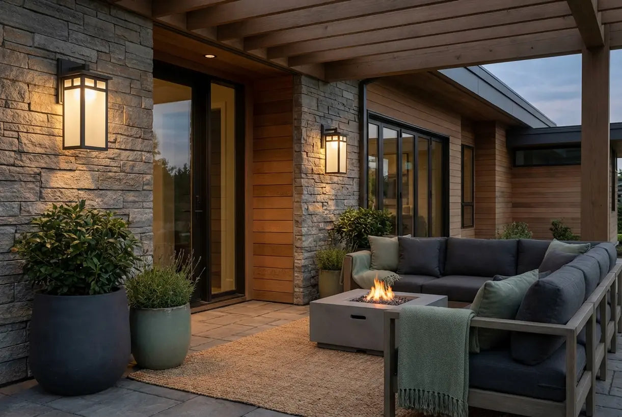 Moderne buitenpatio met waterdichte wandlampen geïnstalleerd op buitenmuren