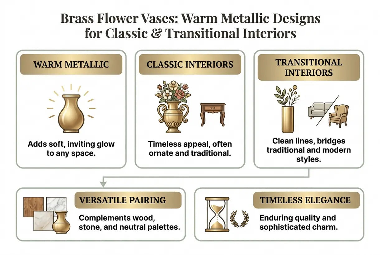 Brass Flower Vases: Warm Metallic Designs for Classic & Transitional Interiors - infographic