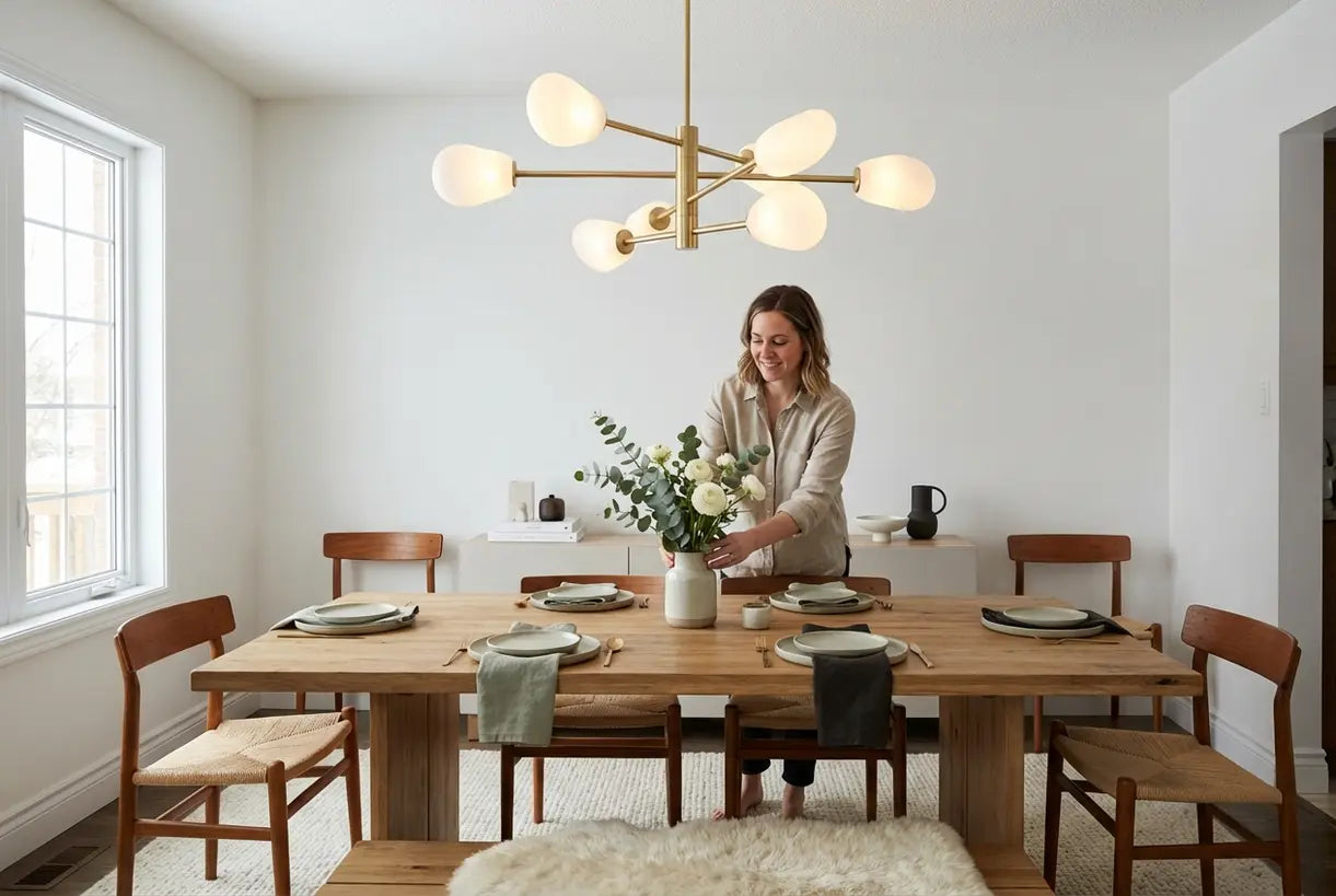 Modern LED chandelier illuminating a Scandinavian dining room with warm ambient light