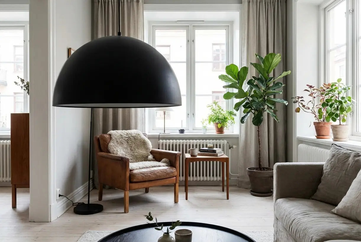 Mattschwarze Pendelleuchte über einer Leseecke