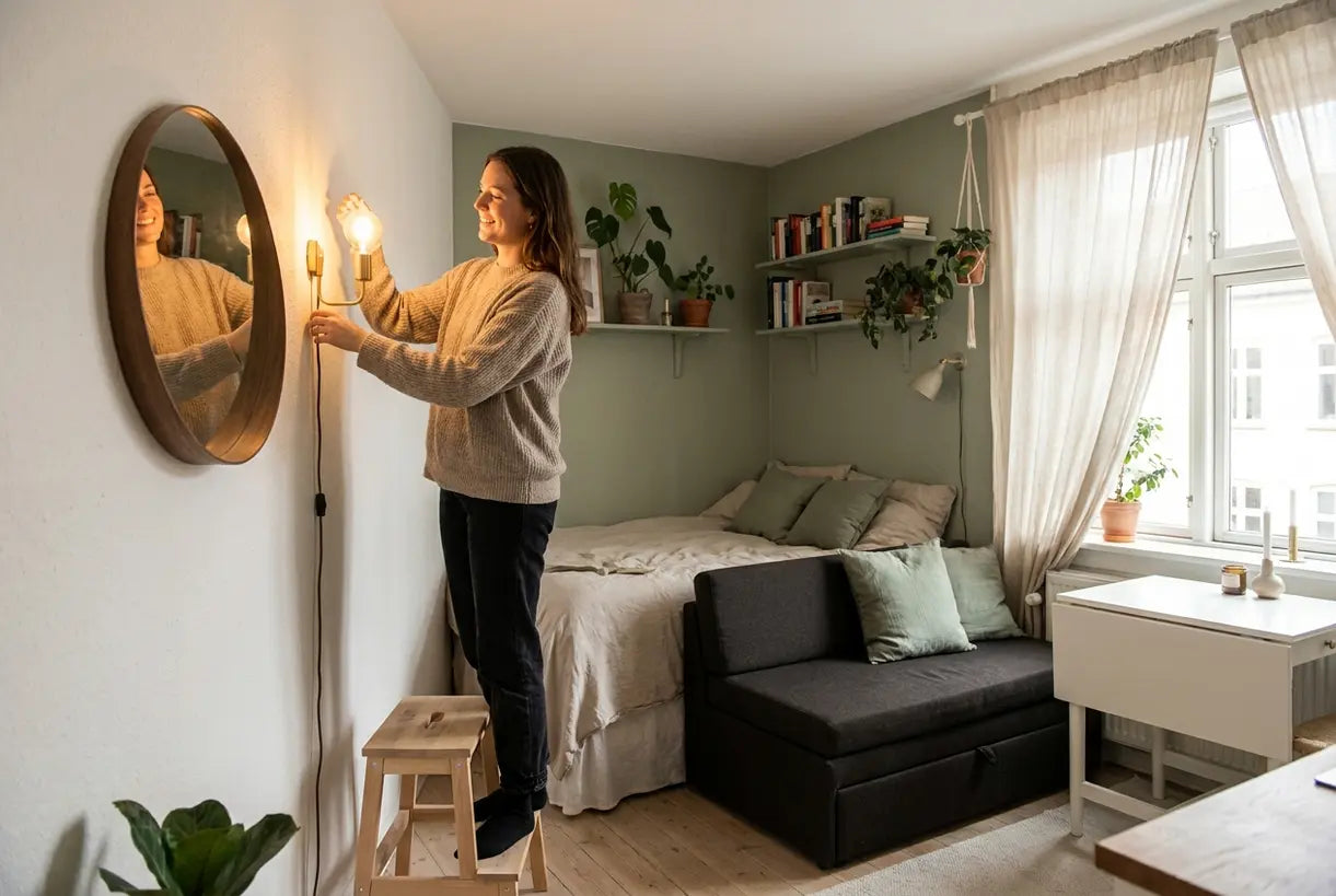 Woman arranging wall sconce light in compact Scandinavian studio apartment with multifunctional furniture