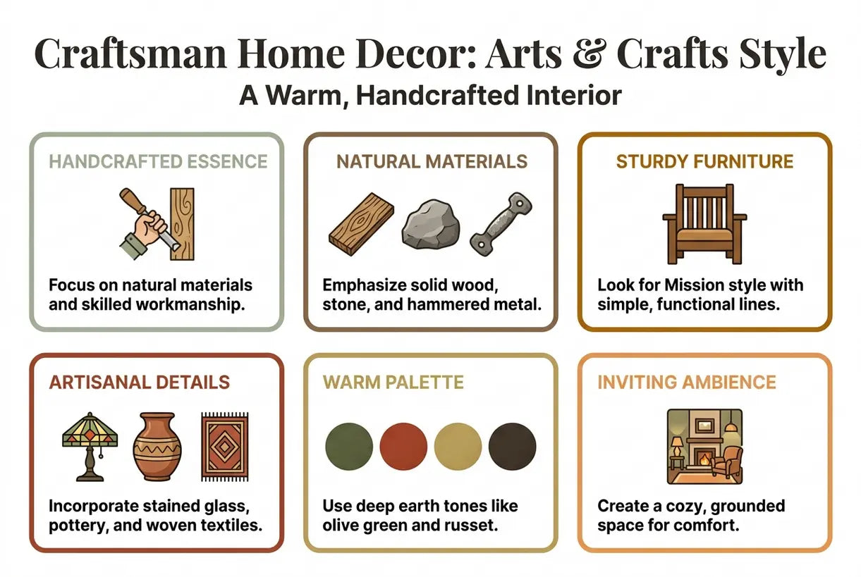 Craftsman Home Decor: Arts & Crafts Style for a Warm, Handcrafted Interior - infographic