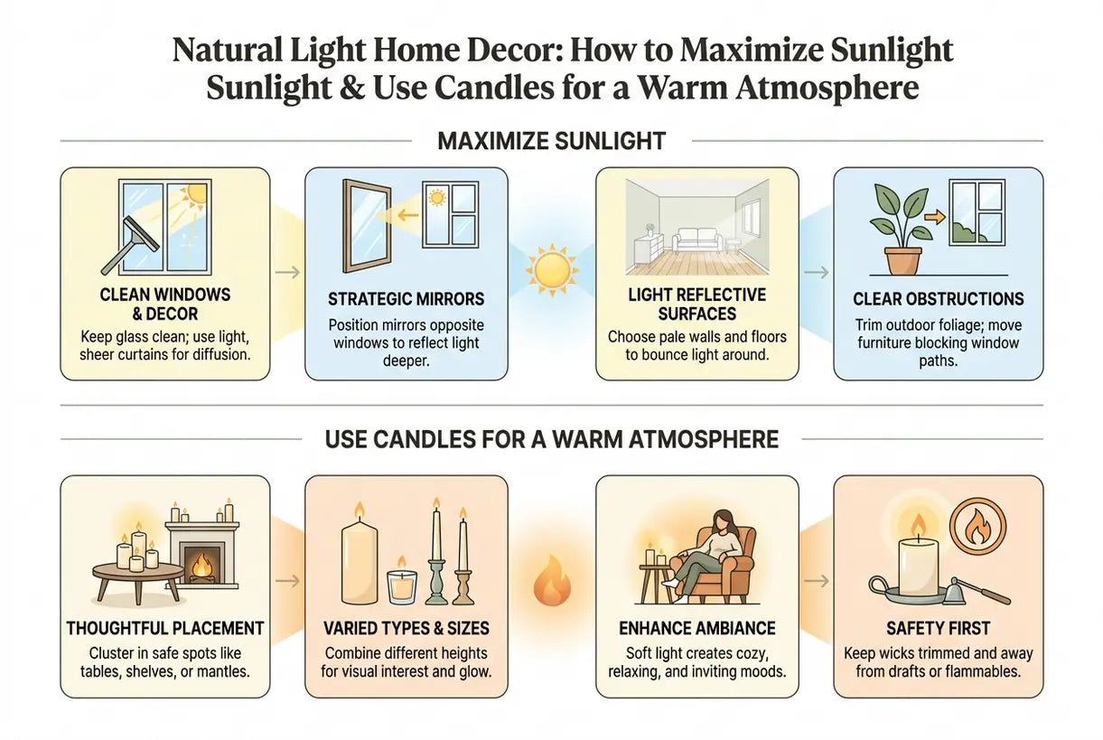 Natural Light Home Decor: How to Maximize Sunlight & Use Candles for a Warm Atmosphere - infographic