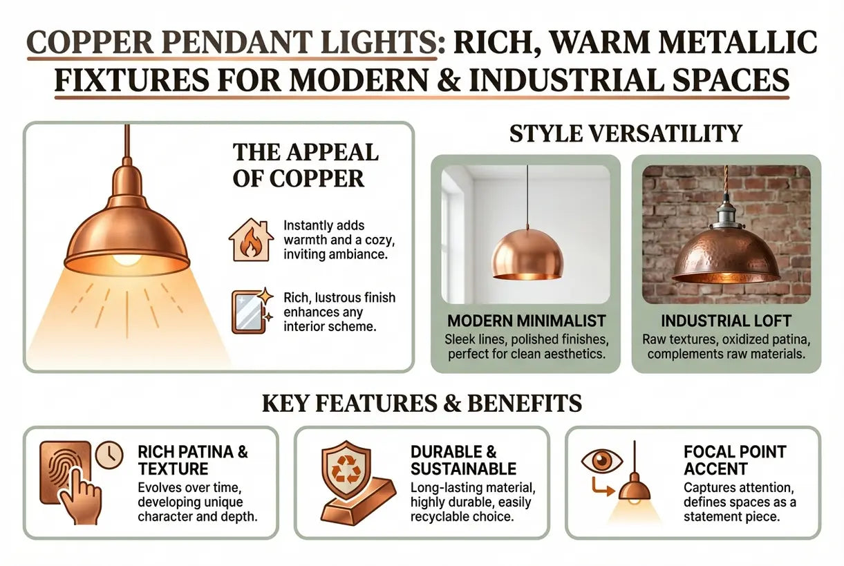 Koperen hanglampen: rijke, warme metalen armaturen voor moderne en industriële ruimtes - infographic
