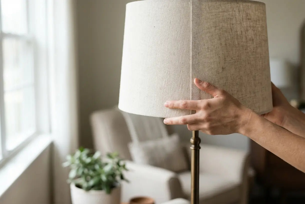 Handen die zorgvuldig een linnen trommellampenkap op een staande lampvoet aanpassen