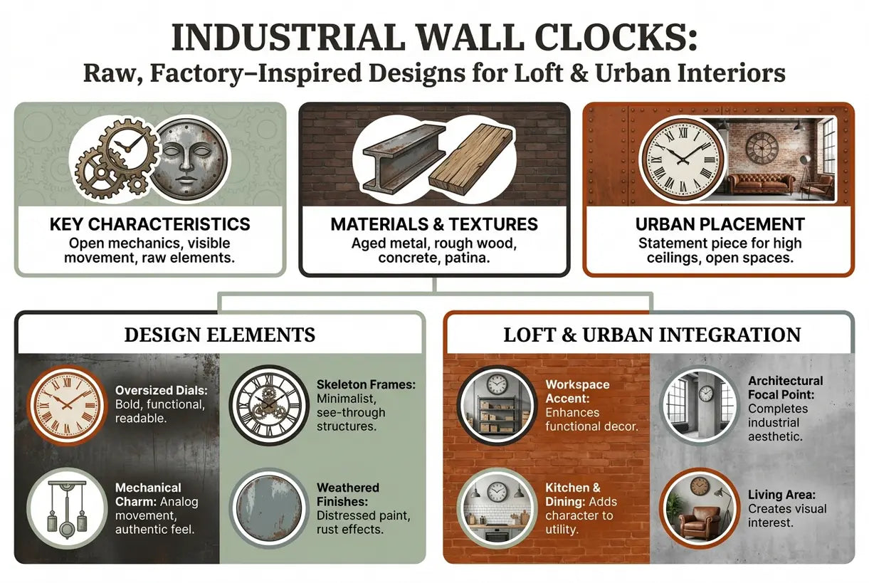 Industrial Wall Clocks: Raw, Factory-Inspired Designs for Loft & Urban Interiors - infographic