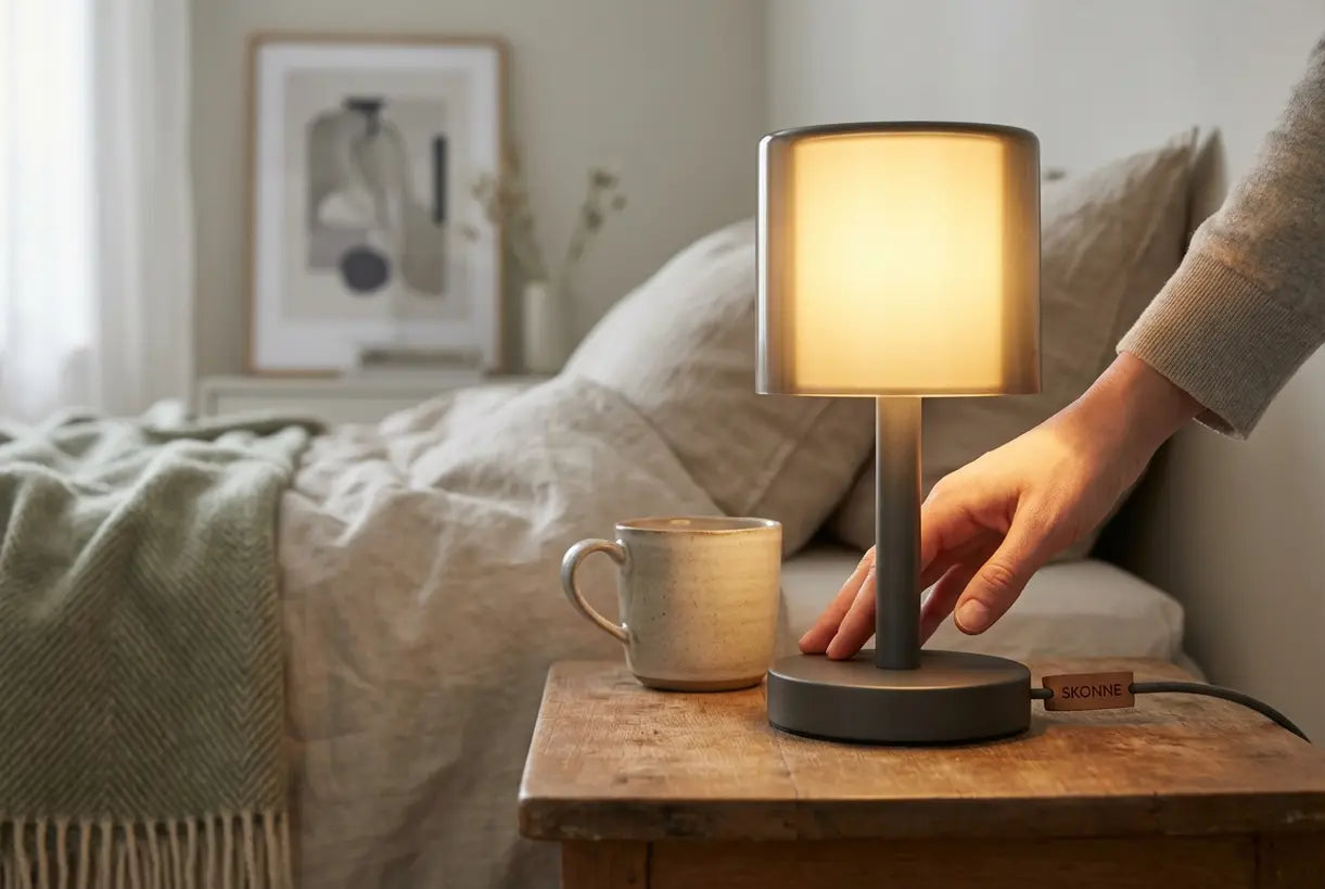 Hand raakt dimbare nachtkastje tafellamp aan met aanraakbediening die warm sfeerlicht activeert