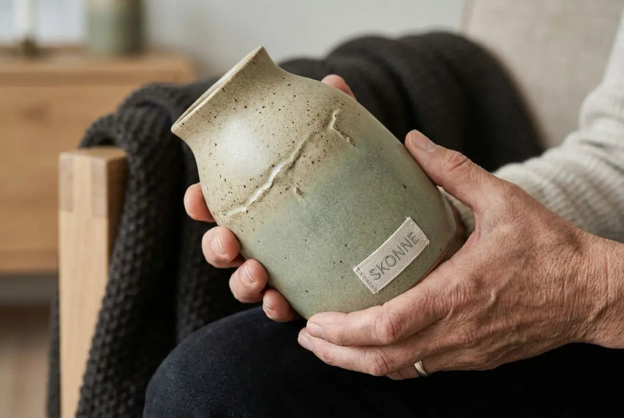 Hands holding matte ceramic glazed vase with textured artisan finish