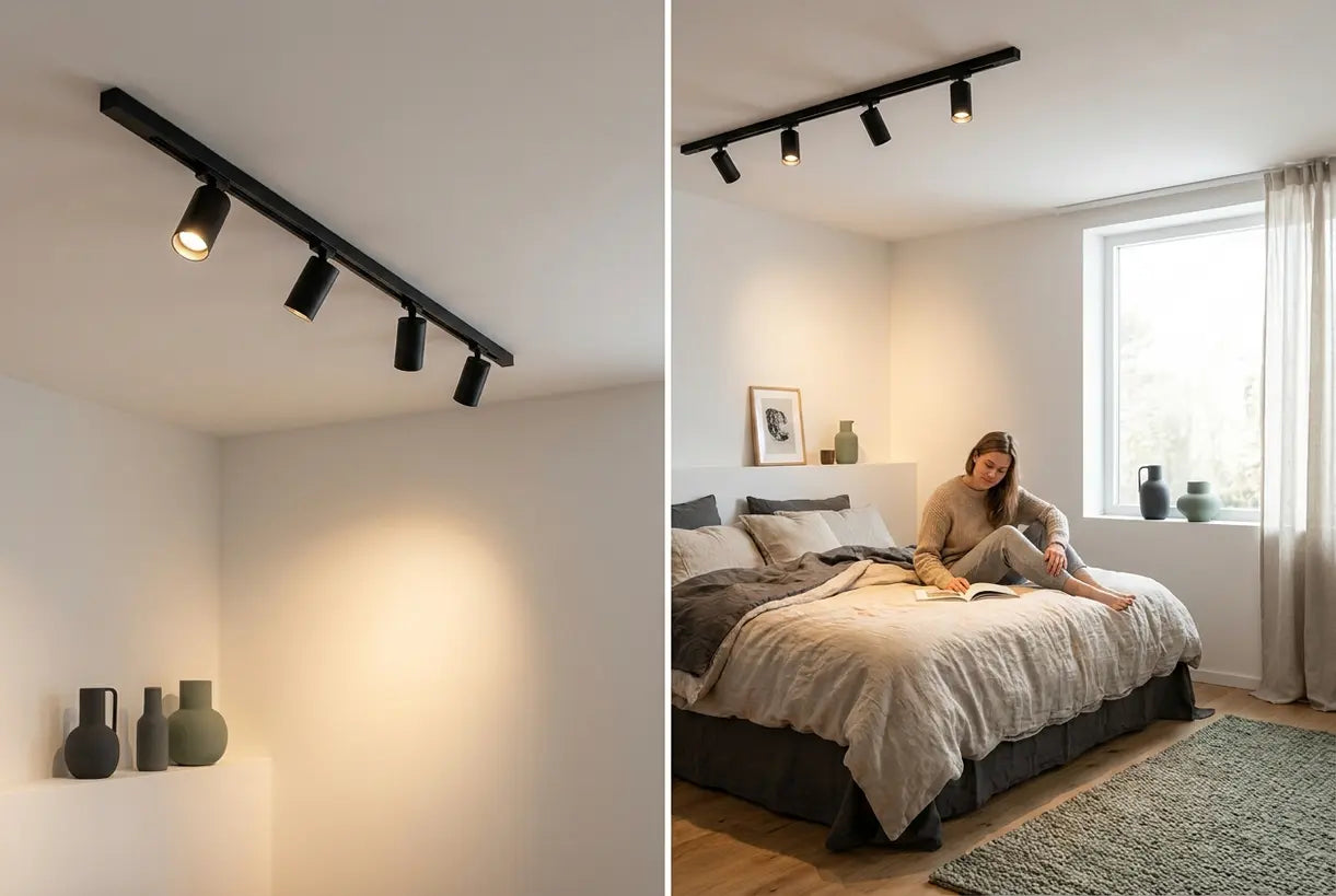 Modern Scandinavian bedroom with track lighting illuminating a cozy reading space