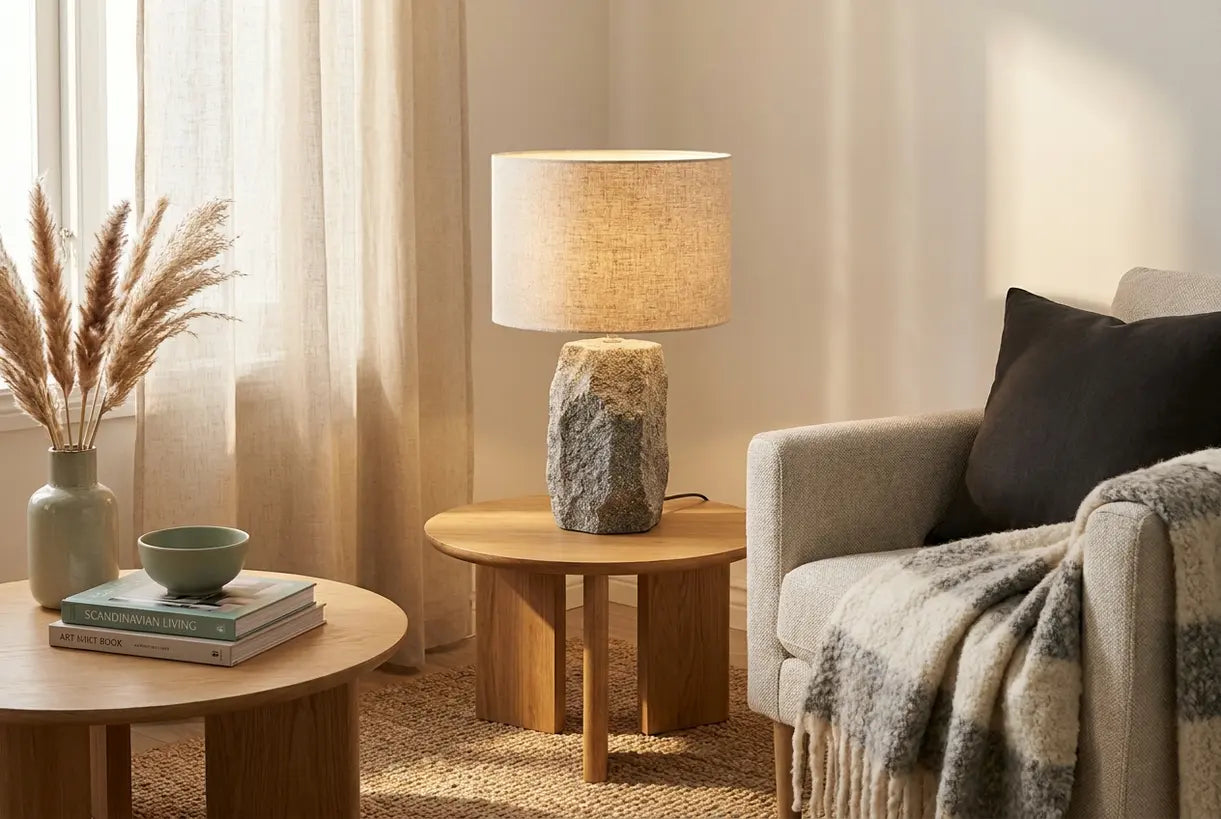 Scandinavische woonkamer scène met stenen lampvoet met linnen kap op houten bijzettafel naast leesstoel