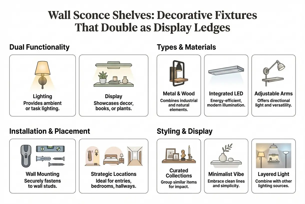 Wandplanken met wandlampen: Decoratieve armaturen die tevens dienen als displayrichels - infographic