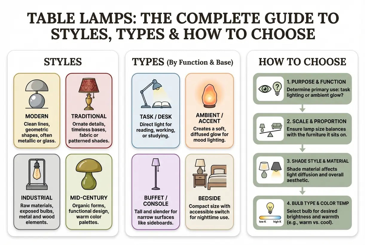 Tafellampen: De complete gids voor stijlen, typen en hoe te kiezen - infographic