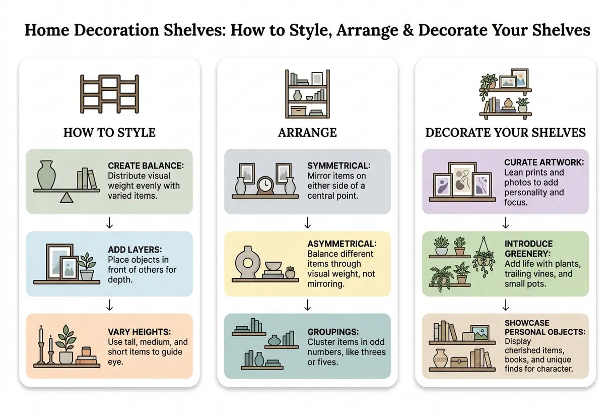 Home Decoration Shelves: How to Style, Arrange & Decorate Your Shelves - infographic