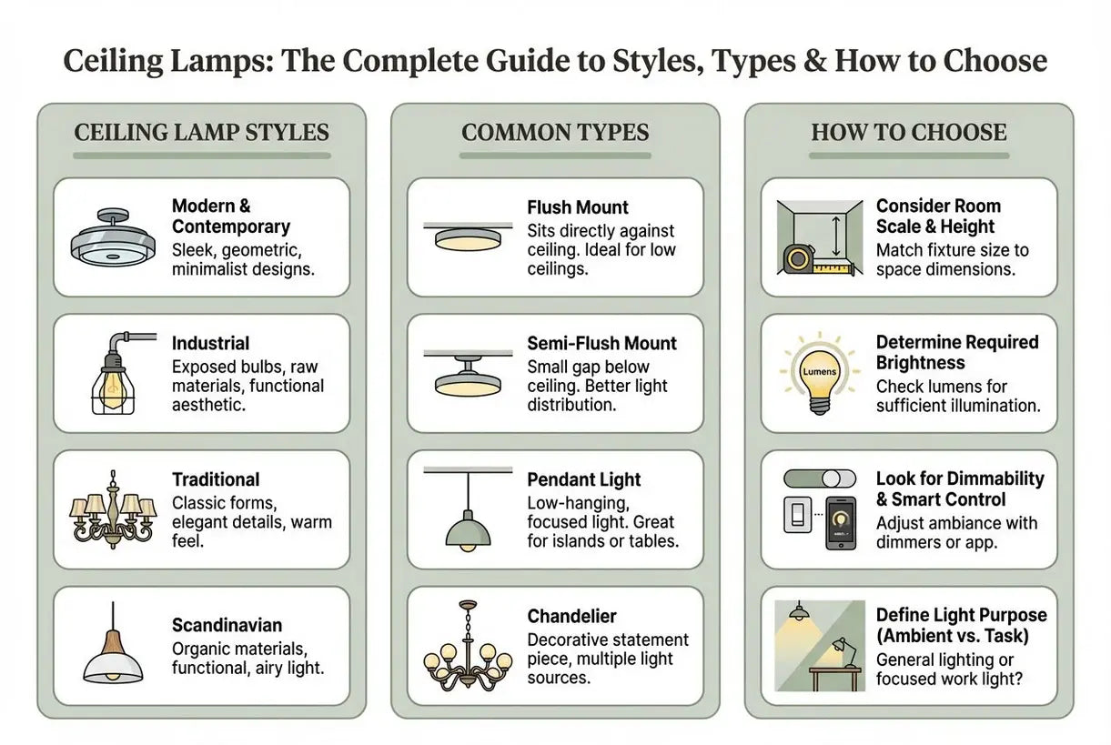 Plafondlampen: De complete gids voor stijlen, typen & hoe te kiezen - infographic