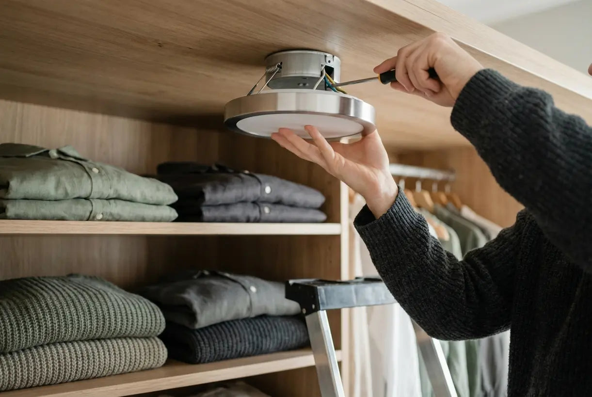 Een moderne inbouw plafondlamp installeren in een kledingkast