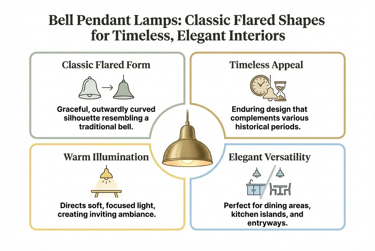 Klokvormige hanglampen: Klassieke uitlopende vormen voor tijdloze, elegante interieurs - infographic
