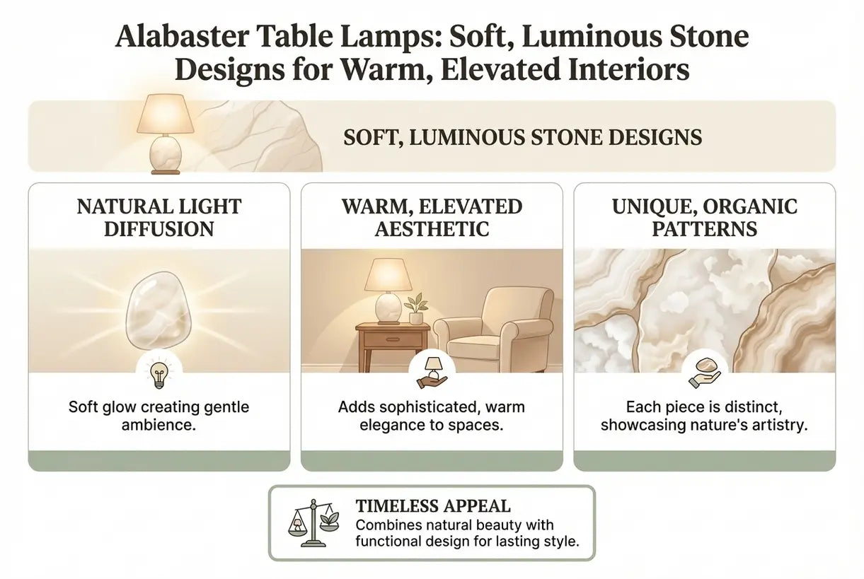 Albasten tafellampen: Zachte, lichtgevende steenontwerpen voor warme, verheven interieurs - infographic