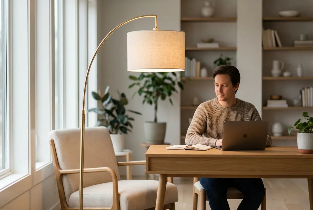 Heldere vloerlamp verlicht een Scandinavische thuiswerkplek met een bureau van natuurlijk hout