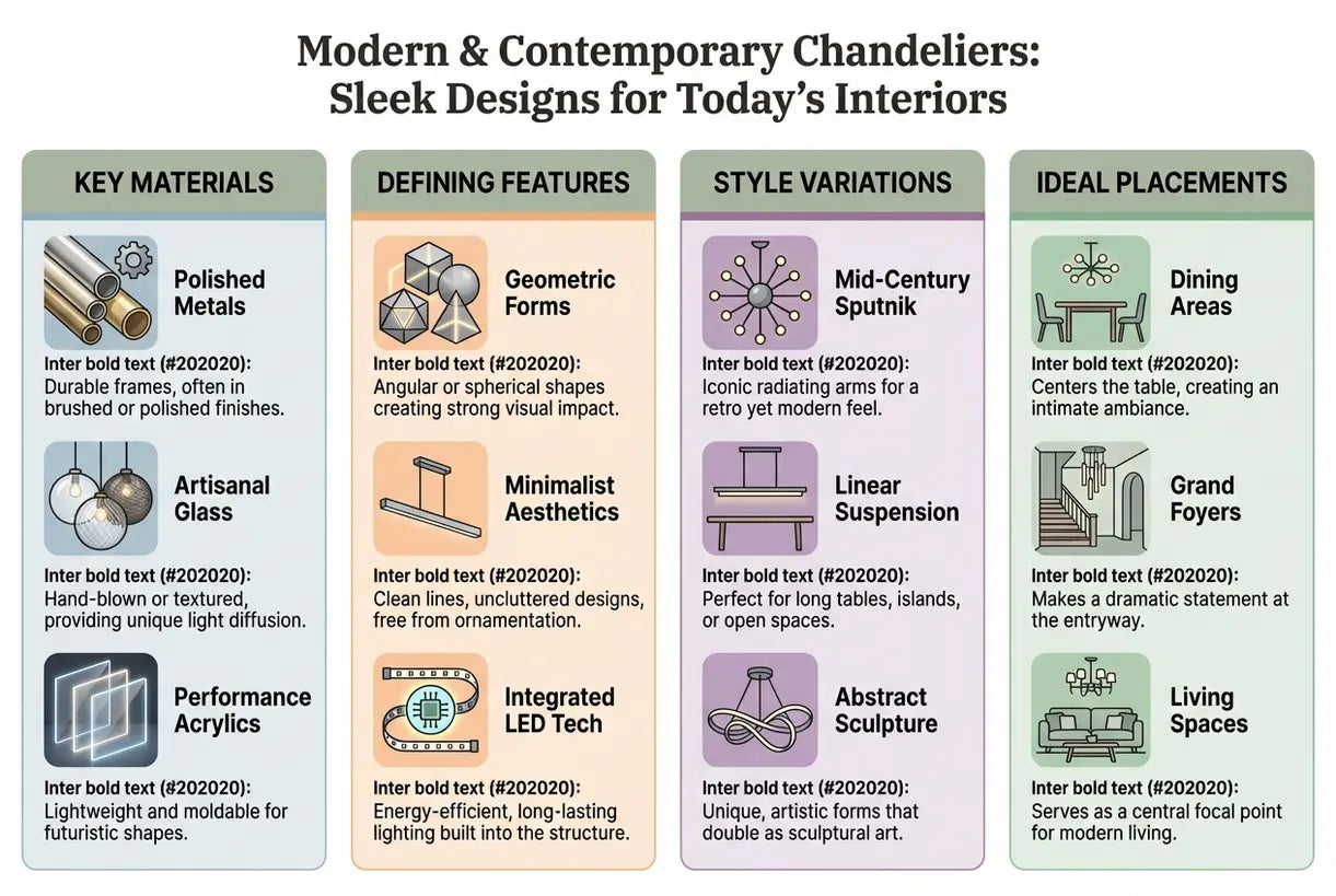 Moderne & Hedendaagse Kroonluchters: Strakke Ontwerpen voor de Interieurs van Vandaag - infographic