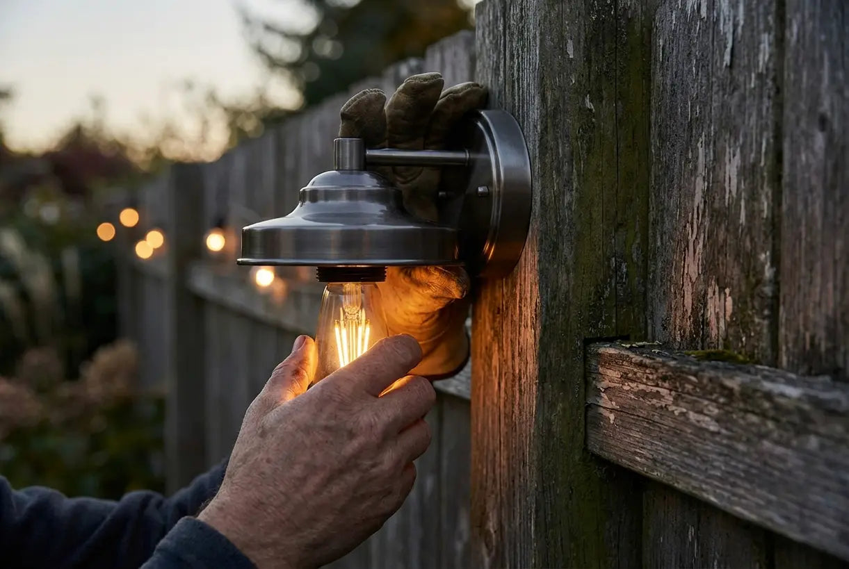 Close-up van het installeren van een buitenhekverlichtingsarmatuur op een houten paal met een warme LED-gloed