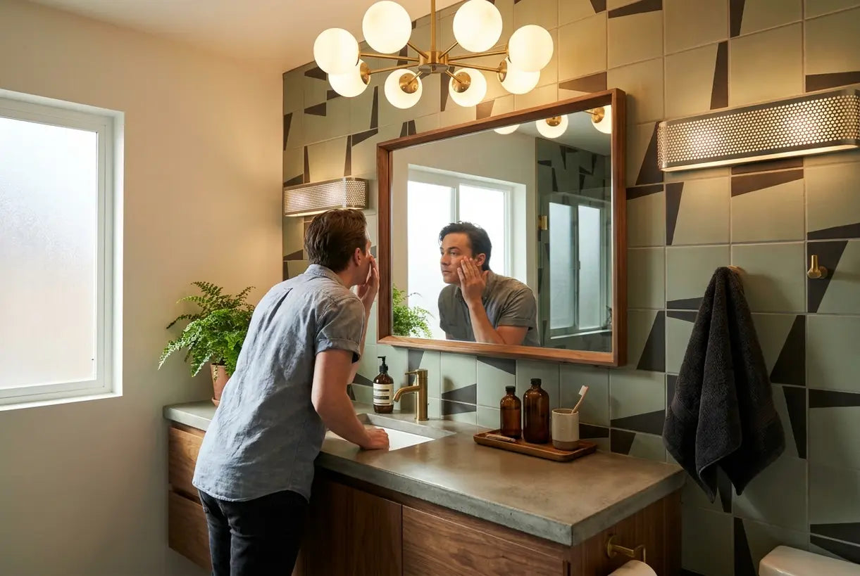 Woman at bathroom vanity with mid-century modern lighting fixtures and warm vintage glow