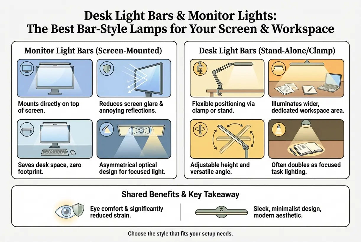 Bureaulampbalken & Monitorlampen: De beste balkvormige lampen voor je scherm & werkplek - infographic