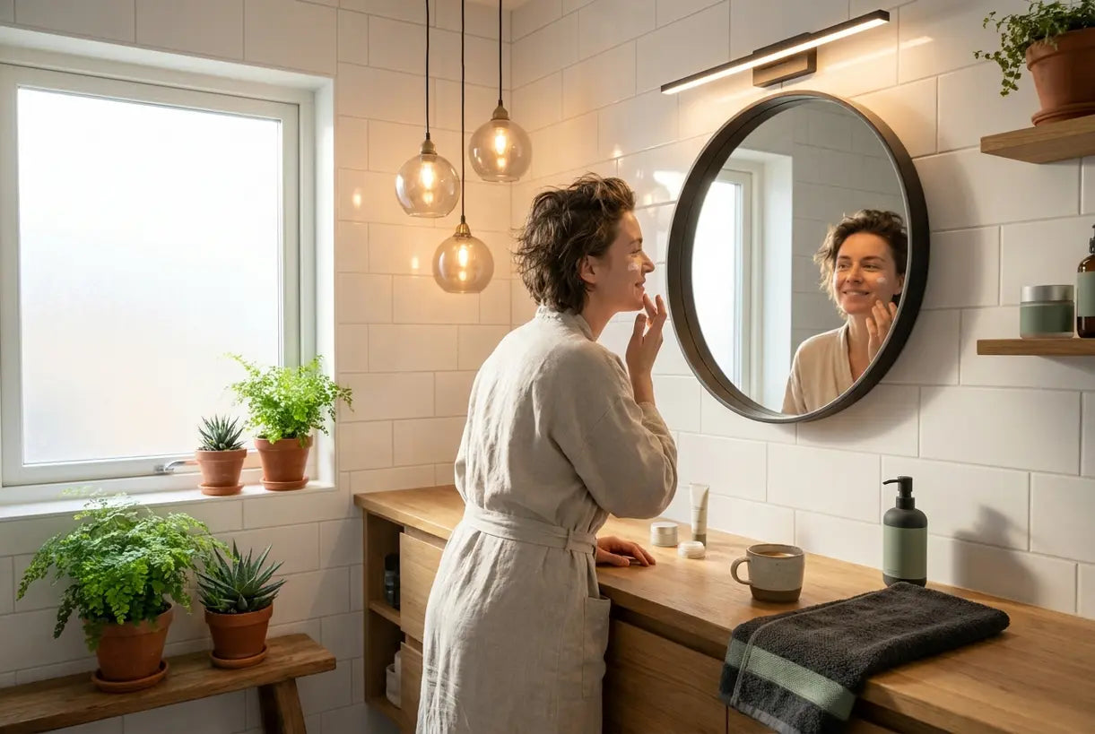 Scandinavian bathroom with layered lighting showing pendant lights and mirror sconces