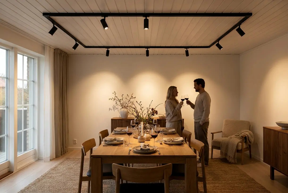 Modern dining room with track lighting system over dining table