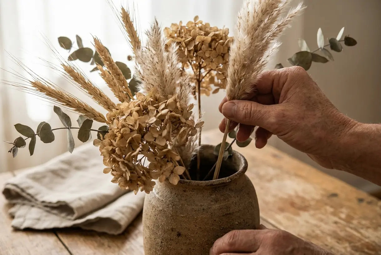 Hands arranging dried pampas grass in rustic ceramic vase for Thanksgiving table centerpiece