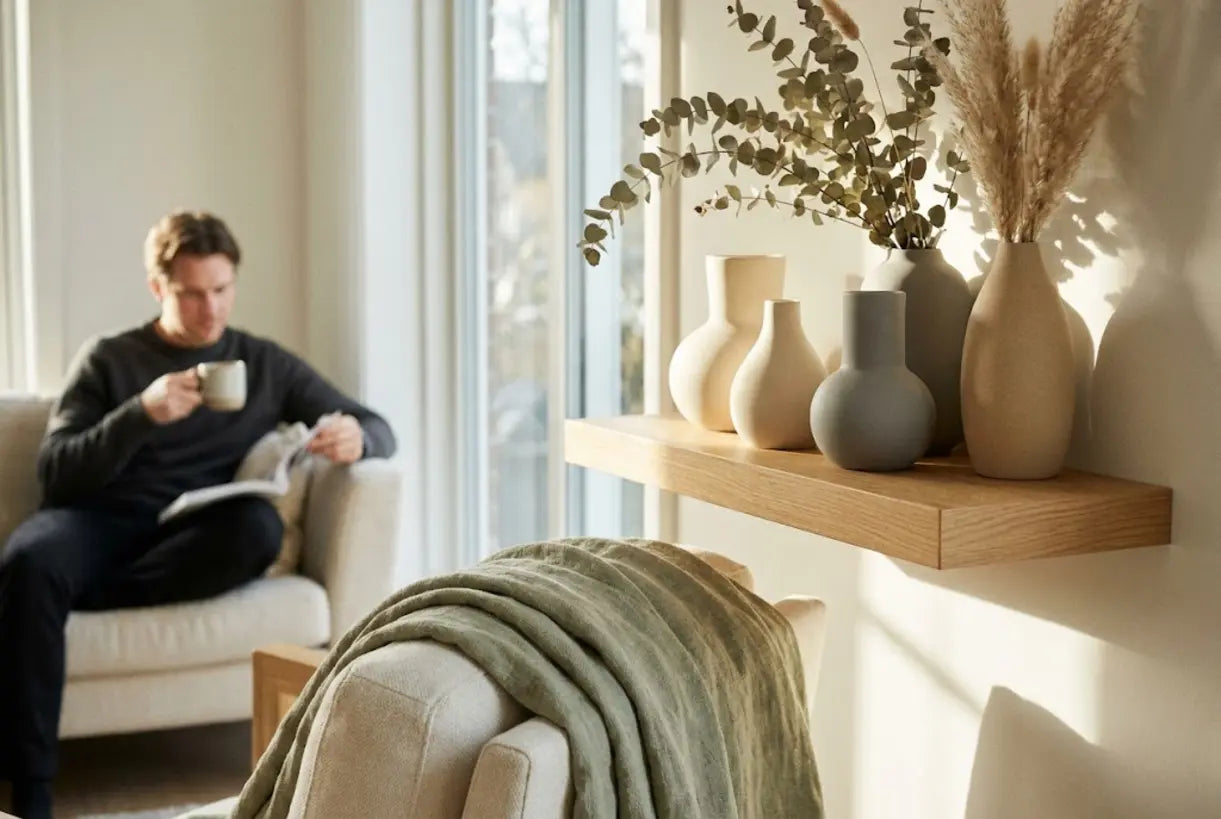 Skandinavisches Regal mit Blumenvasen in Creme, Grau und Beige in einem neutralen, minimalistischen Interieur
