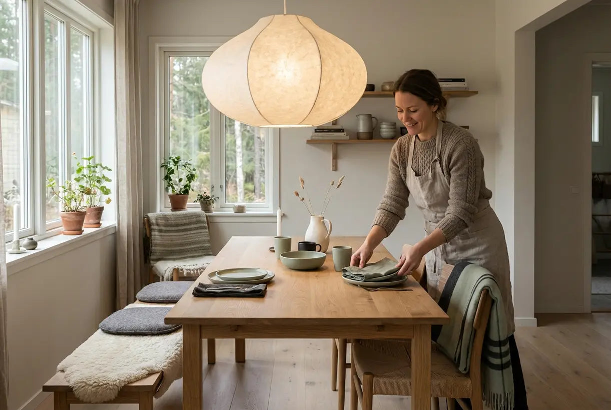 Scandinavische eetkamer met organische cocon hanglamp die warm omgevingslicht creëert boven een natuurlijke houten tafel