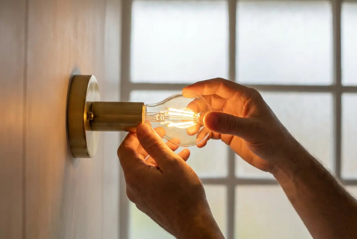Hands adjusting LED bulb in modern bathroom light fixture for best bathroom lighting