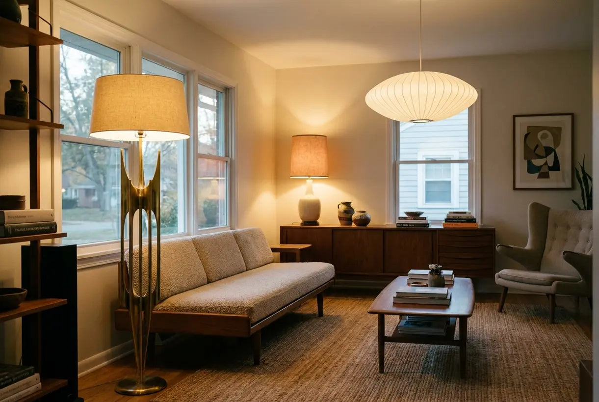 Mid-century modern living room with layered ambient lighting from retro fixtures