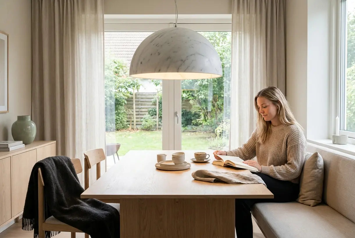 Marmeren hanglamp in Scandinavisch eetkamerinterieur