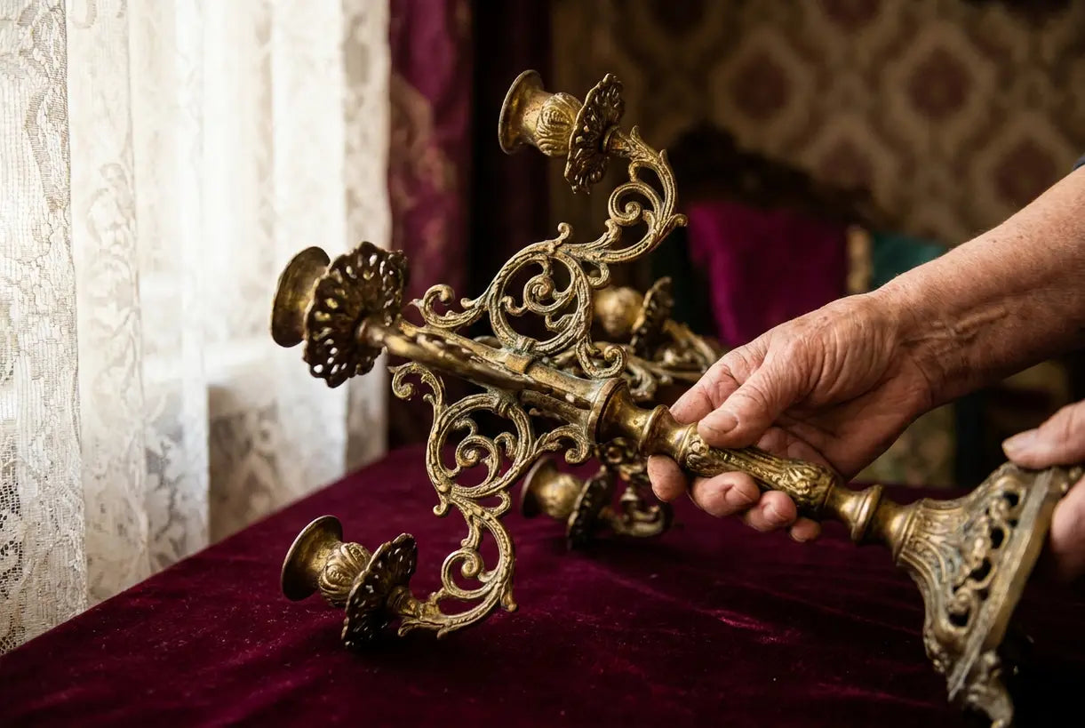 Intricate brass candelabra detail showcasing ornate Victorian home decor craftsmanship