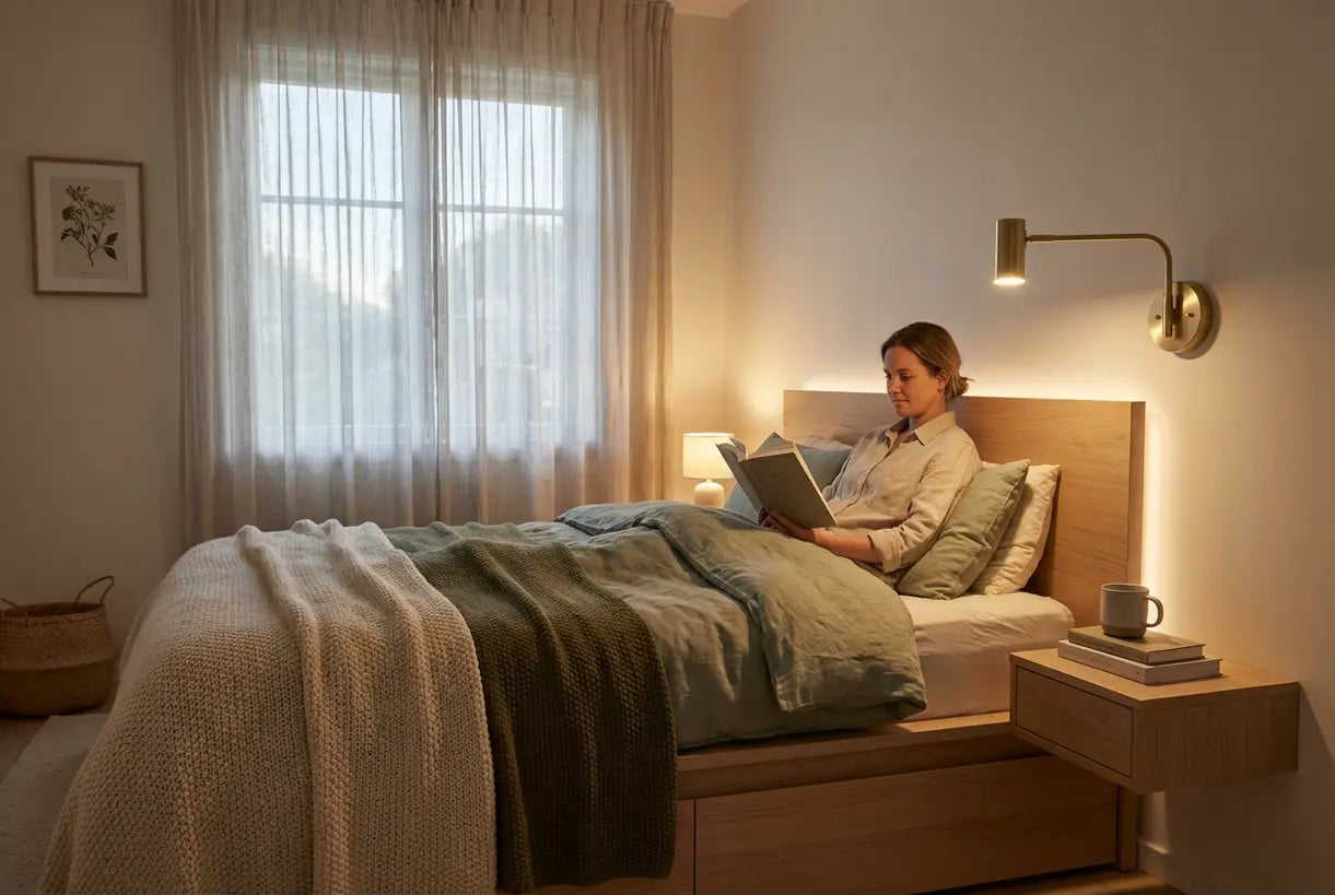 Iemand leest in bed bij een wandleeslamp die warm leeslicht geeft