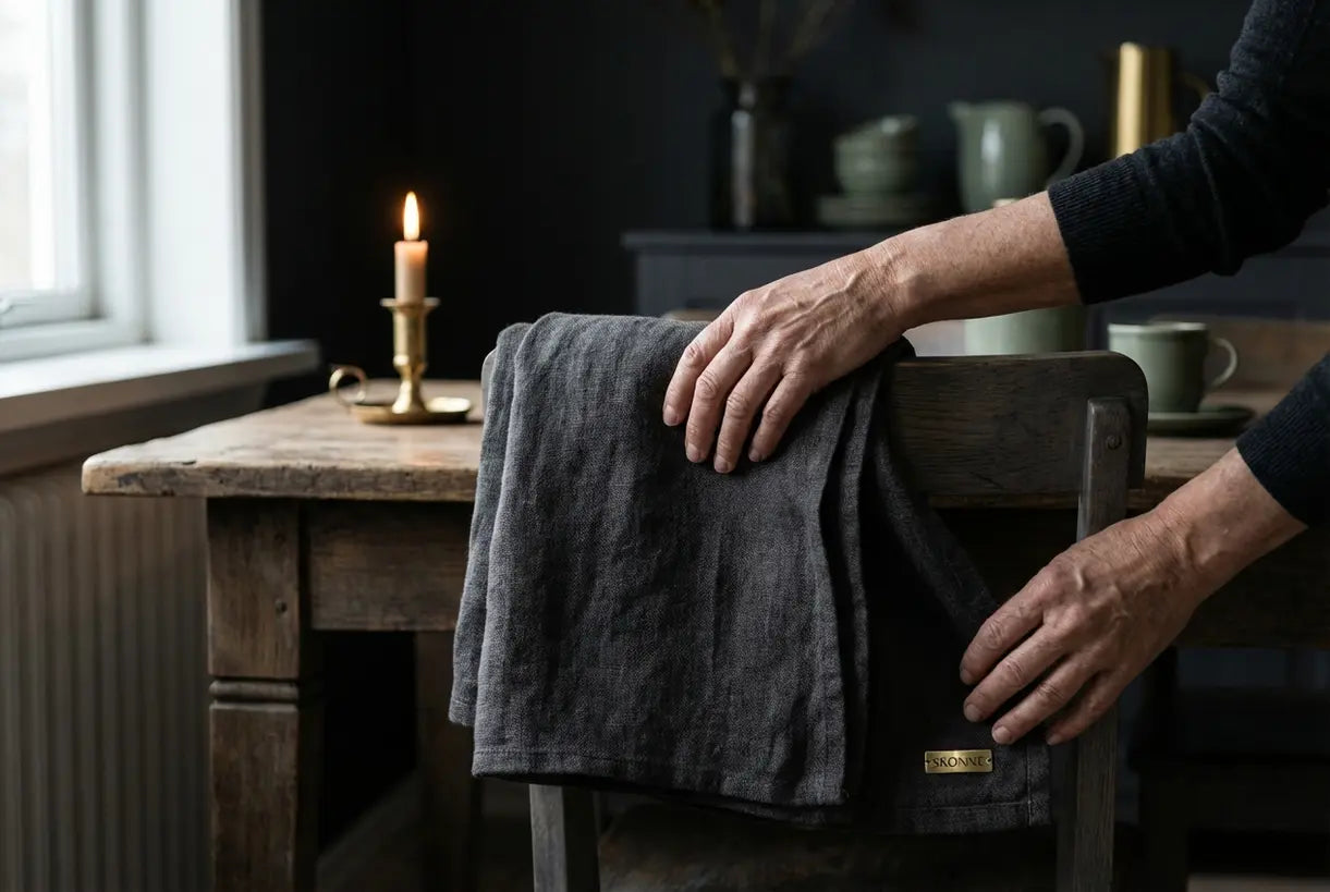 Dark scandinavian interior design moody charcoal linen and oak wood texture