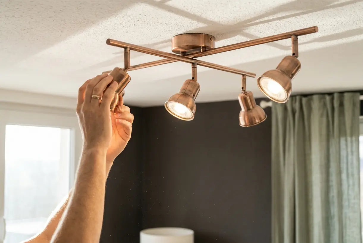Close-up of hands adjusting modern living room track lighting fixture with copper finish