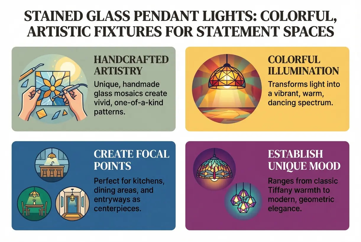 Stained Glass Pendant Lights: Colorful, Artistic Fixtures for Statement Spaces - infographic