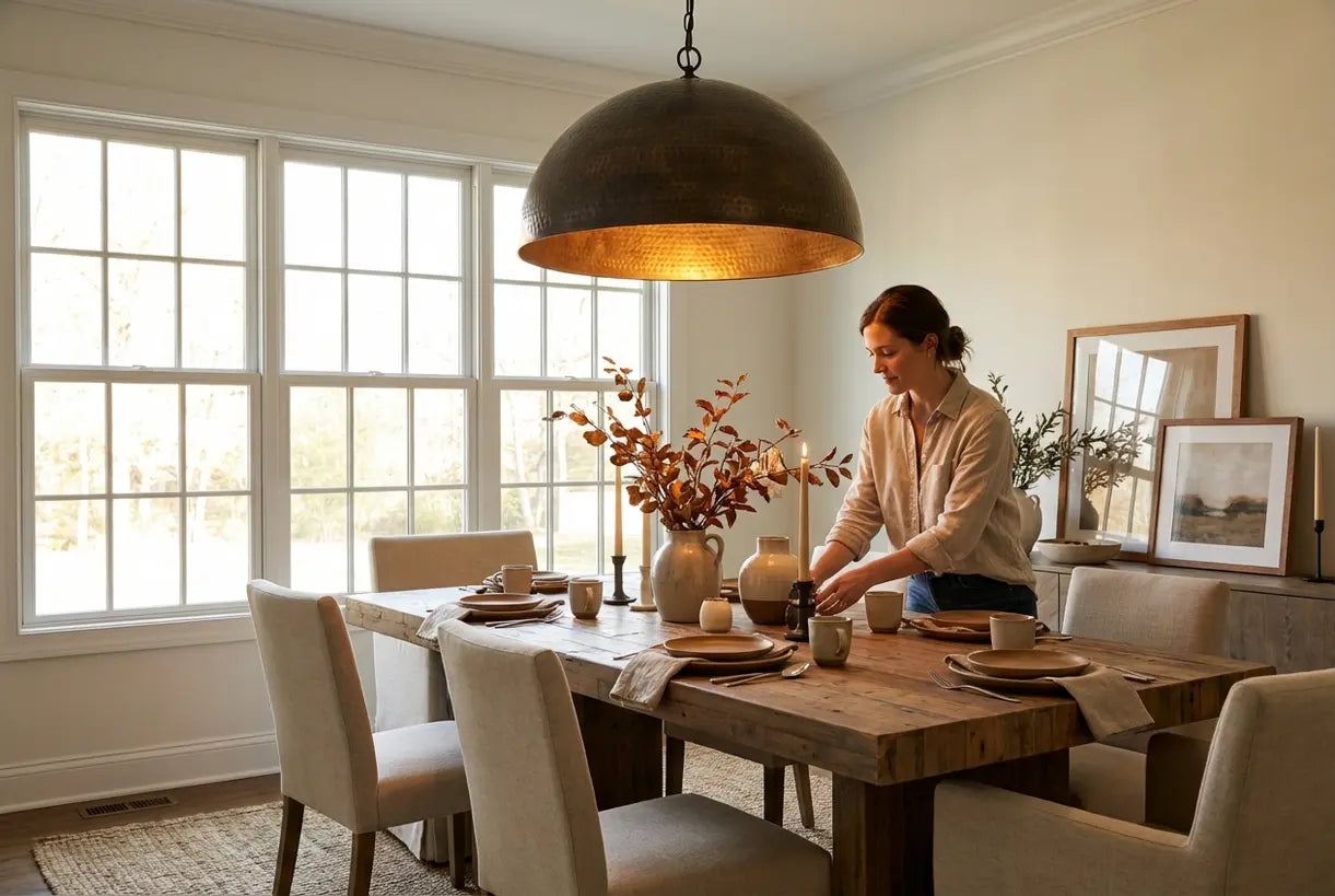 Bronzen hanglamp verlicht traditioneel overgangsmodel eetkamerinterieur