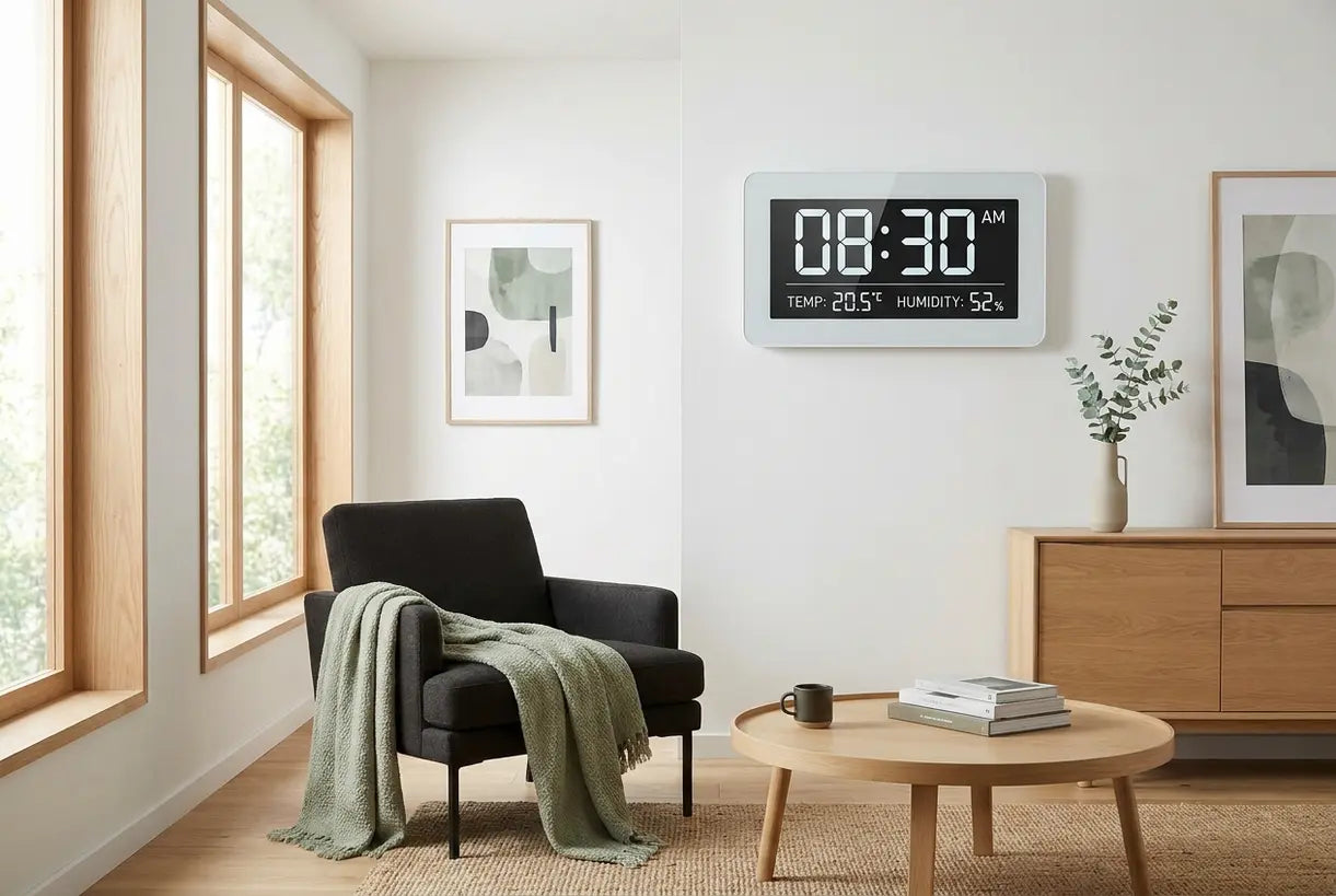 Modernes Wohnzimmer mit smarter Wanduhr, die Temperatur und Luftfeuchtigkeit anzeigt
