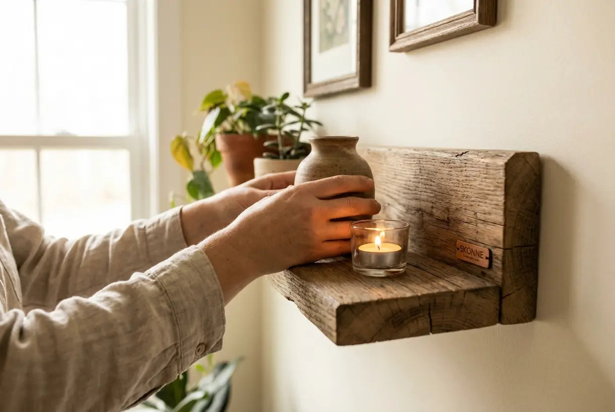 Handen die keramische vaas en kaars stylen op een houten wandplank met wandlamp