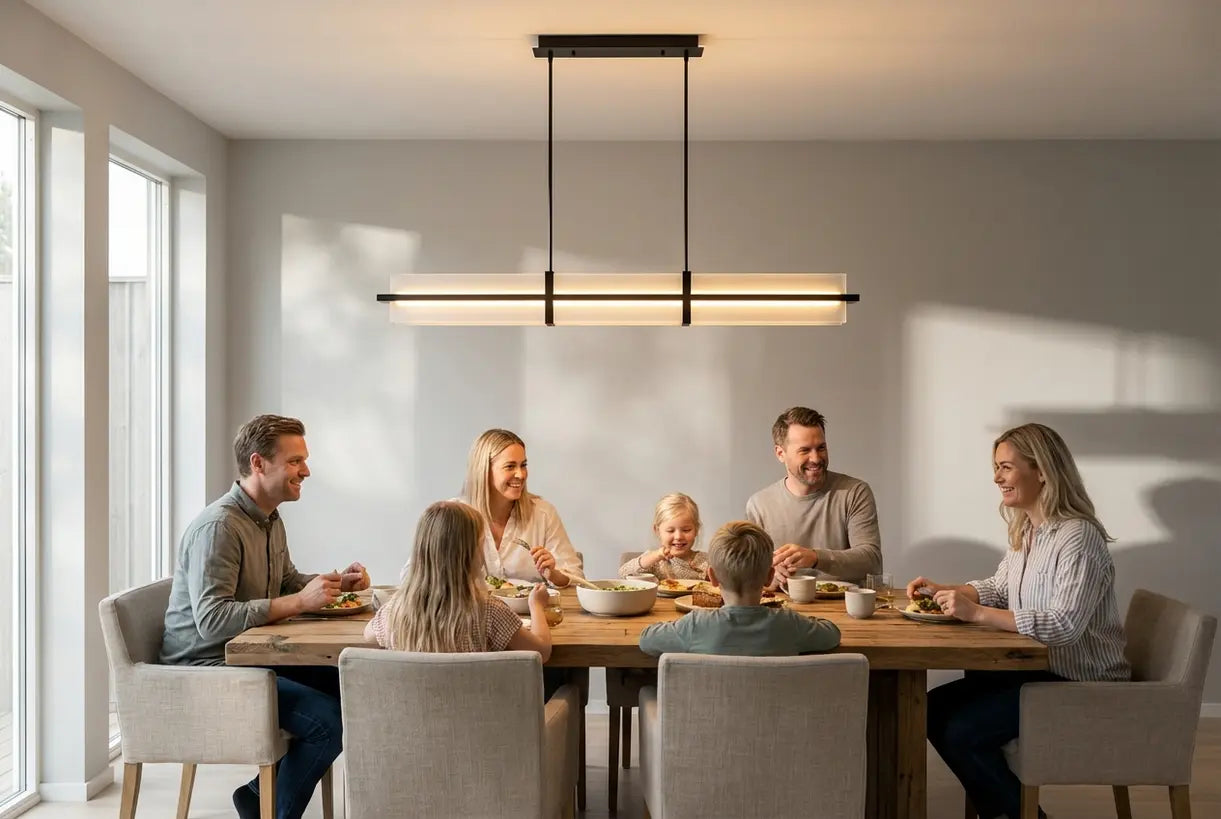 Moderne eetkamer met lineaire kroonluchter boven houten tafel