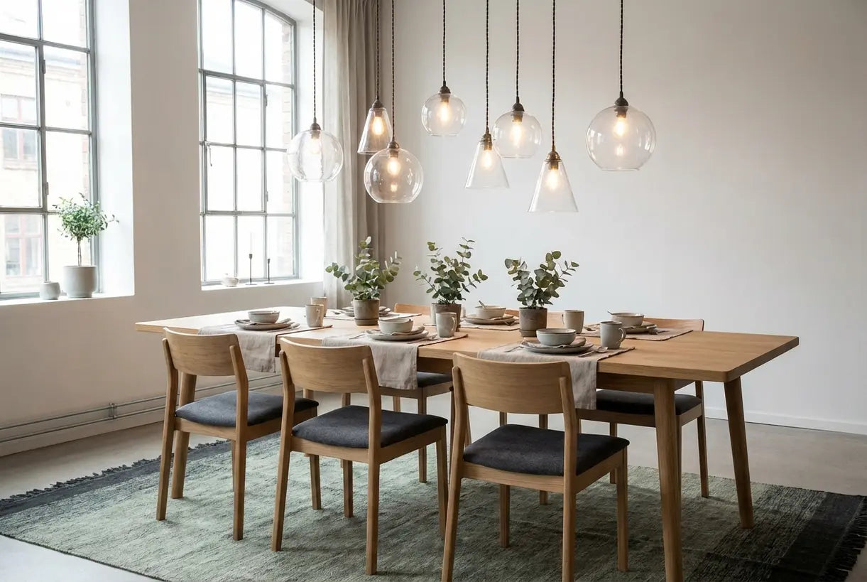 Scandinavische eetkamer met elegante glazen hanglampen die warm sfeerlicht geven